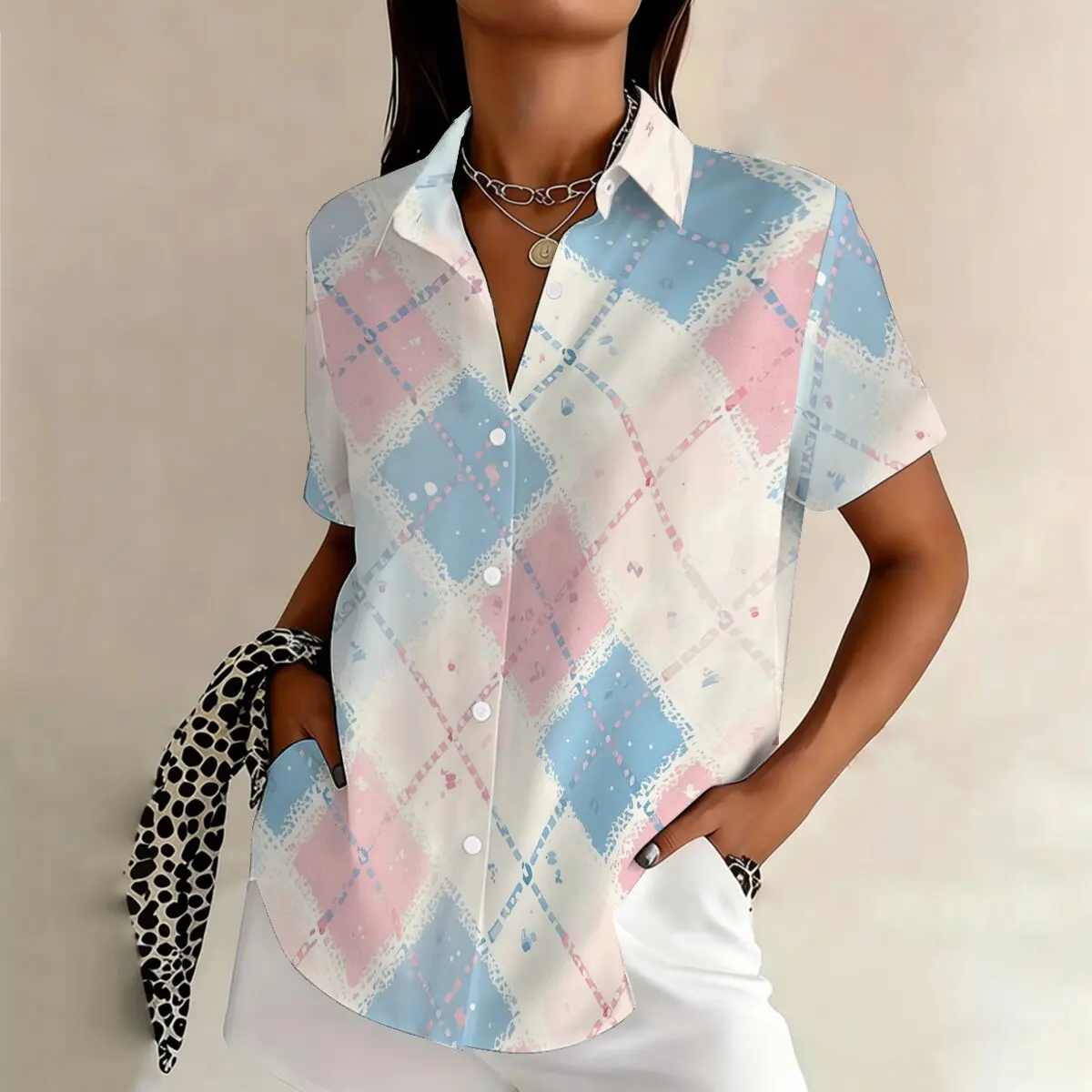 

Plus-size women's short-sleeve summer shirt,pink-white-blue plaid,fashionable for outings,youthful,lively and trendy.
