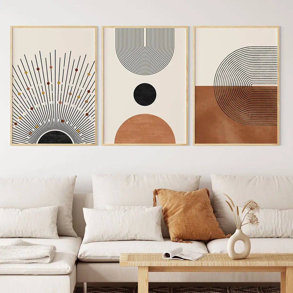 

Mid Century Art Print Set of 3 Neutral Modern Picture Frameless Poster Minimalist Bohemian Canvas Painting For Living Room Decor