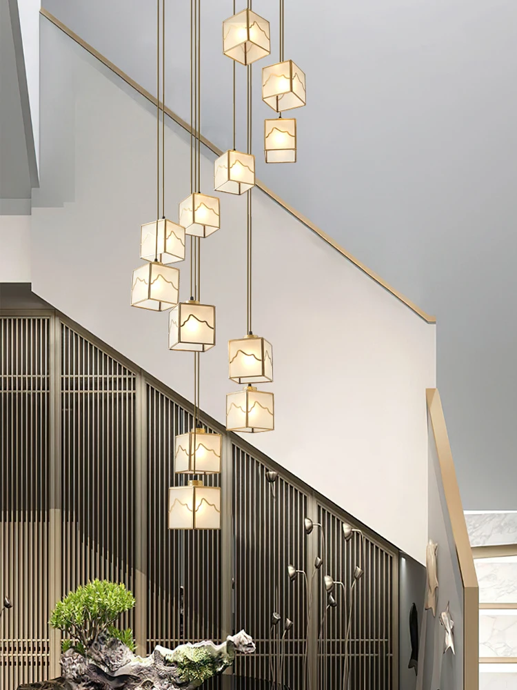 

New Chinese Style Staircase Long Chandelier Creative LED Copper Villa Living Room Lobby Chandelier Modern Rotating Loft Light