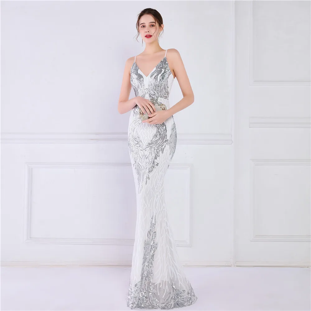 DEERVEADO Mermaid V Neck Sequin Evening Dresses 2022 New Elegant Women White Formal Dress Evening Party Gown K18800