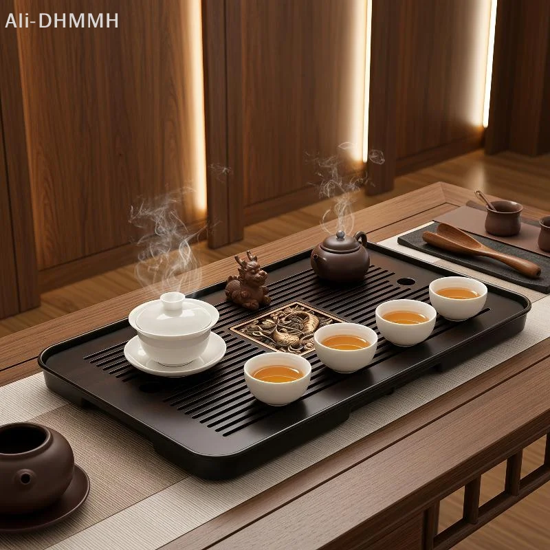 ZLinKJ Double-Layer Wooden Tea Tray Engraved Floral Pattern Rectangular Eco Friendly Wood Tray Perfect Gift for Tea Enthusiasts