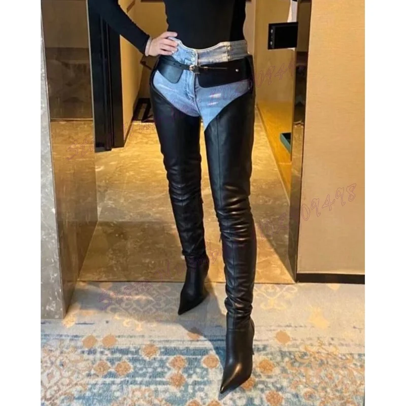 

Black Matte Leather Thigh High Boots Pointed Toe Shoes for Women Stilettos High Heels Sexy Party Shoes 2024 Zapatos Para Mujere