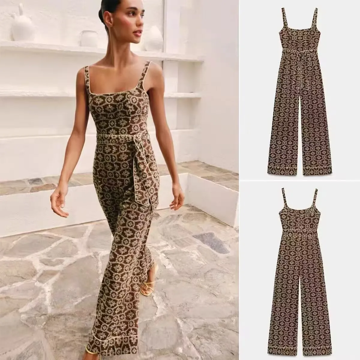 

Spring Summer New Arrival Women's One-Piece Suit with Belt Embroidered Hollow out Design ZR Style High Waist Wide Leg Pants