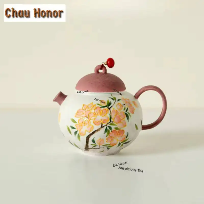 ZAEYORIA 145ml Hand-painted Pink Peach Blossom Teapot Luxury Tea Infuser Pot Tea Brewing Kettle With Strainer Tea Items Gifts