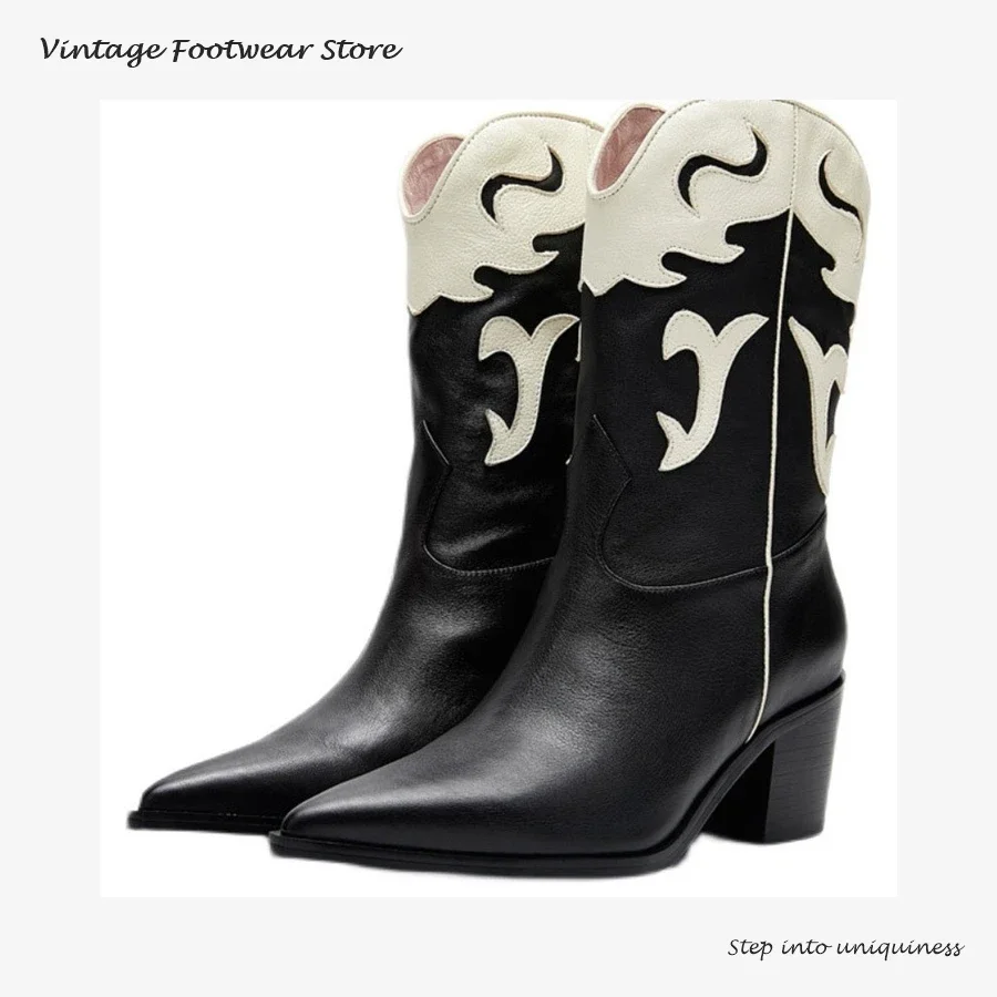 

Vintage Patchwork Cowboy Leather Booties Women's Pointed Toe Wedges Ankle Boots Spring Autumn Fashion Pull On Western Boots