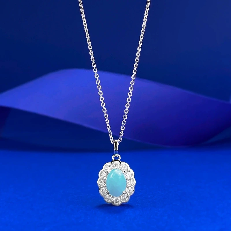

S925 Серебристо-синее романтическое 6*9 овальное ожерелье из натурального морского камня с узором