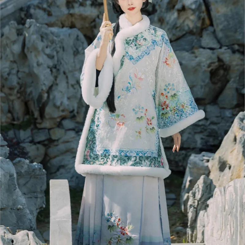 Qing i Han damska podszyta polarem pogrubiona Jinshang młoda babcia ukośna antyczna odzież dynastia sukienka w kratę jesień zima