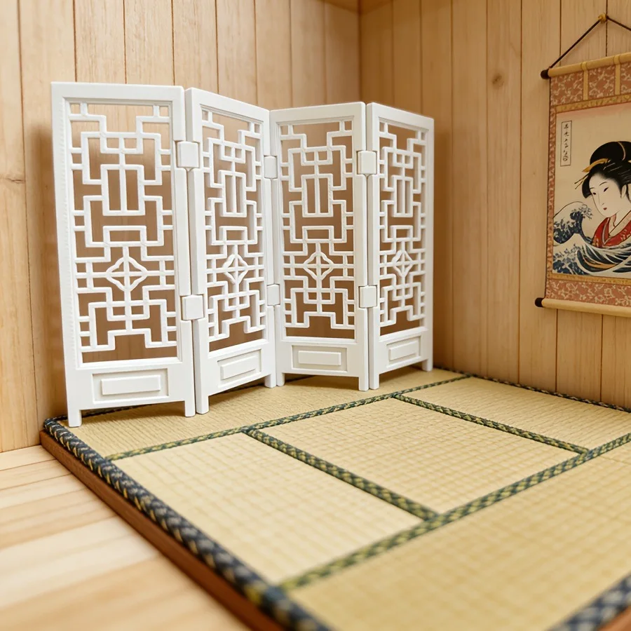 

1:12 Scale Dollhouse Miniature Folding Screen, Chinese Lattice Room Divider, Traditional Style Diorama Decor for Doll House