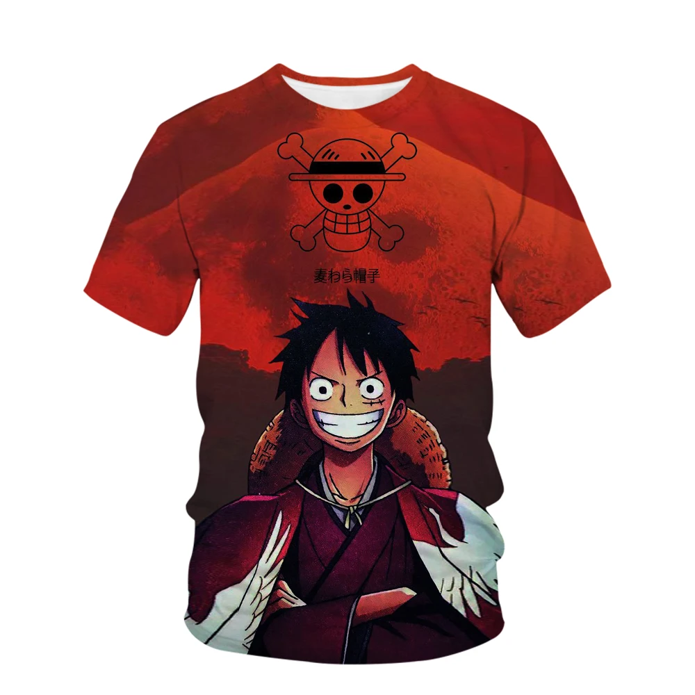 T-shirt infantil Luffy 3D estampada, blusa de meninos e meninas, manga curta, série One Piece, verão, 2024