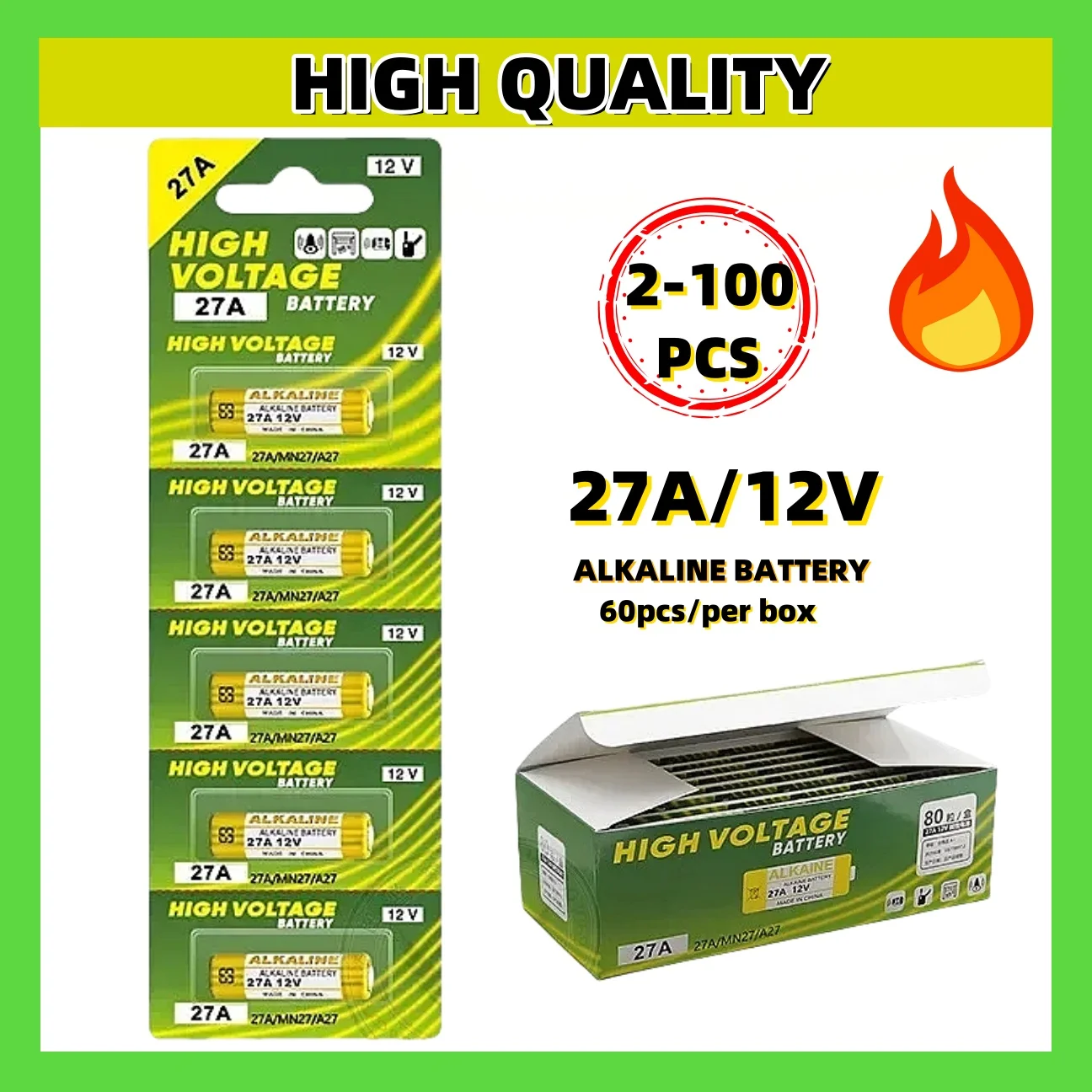 

2-100PCS 12V 27A Dry Alkaline Battery A27 Batteries 27AE 27MN A2 L828 K27A for Remote Control Gamepad Flashlight Doorbell Toys