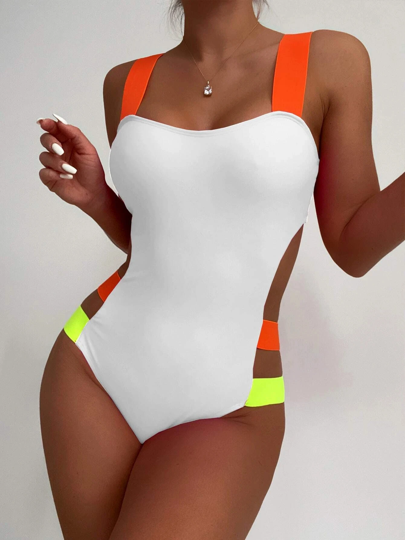 Contrast Shoulder Strap Swimsuit Women One Piece Beach Women Swimwear Sexy Summer Female Vintage Bathing Suit