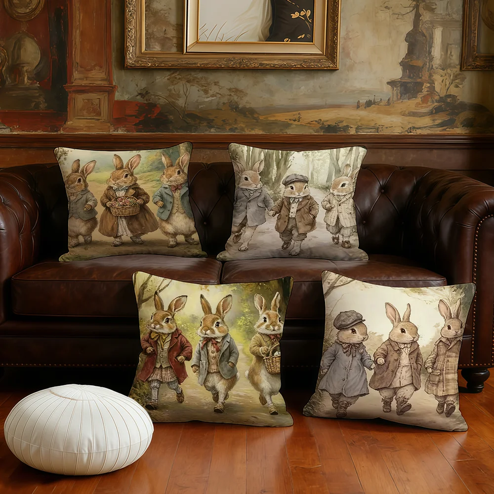 Retro Rabbit and His Friends cushion cover Plush Fabric Soft Double Sided Print Sofa Cushion Cover Throw Pillow Covers
