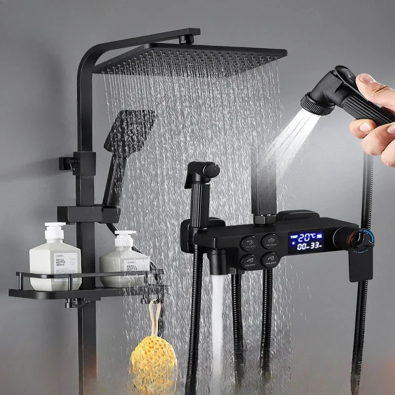 Brass Bathroom Shower Faucet Set Thermostatic Digital Display System with Rain Shower Mixer Nozzle Precise Temperature