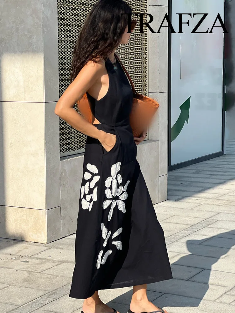 Nuove donne moda solido ricamo stampa abito senza maniche donna estate elegante cerniera senza schienale abiti Midi Mujer