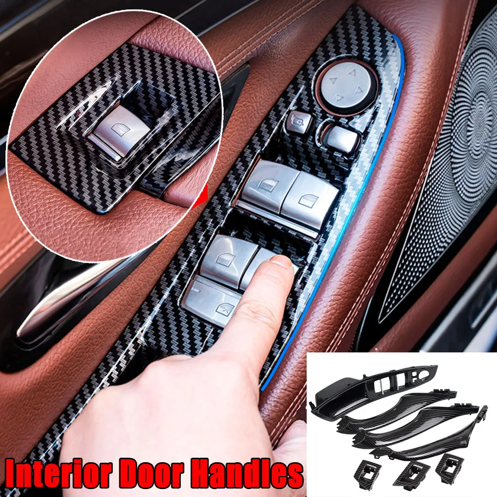 For BMW F10 F11 F18 5 Series 2010-2016 7pcs Interior Window Lift Switch Panel Door Handle Trim Carbon Fiber ABS LHD RHD