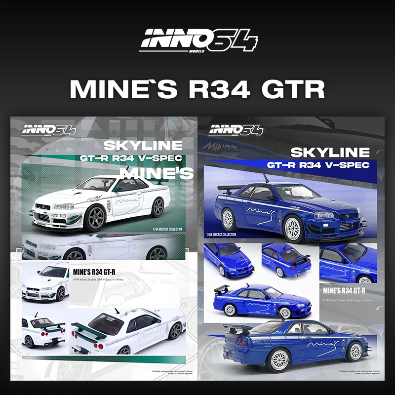 INNO In Stock 1:64 Skyline GTR R34 Mine`s V Spec II Silver Diecast Diorama Car Model Collection Miniature Toys