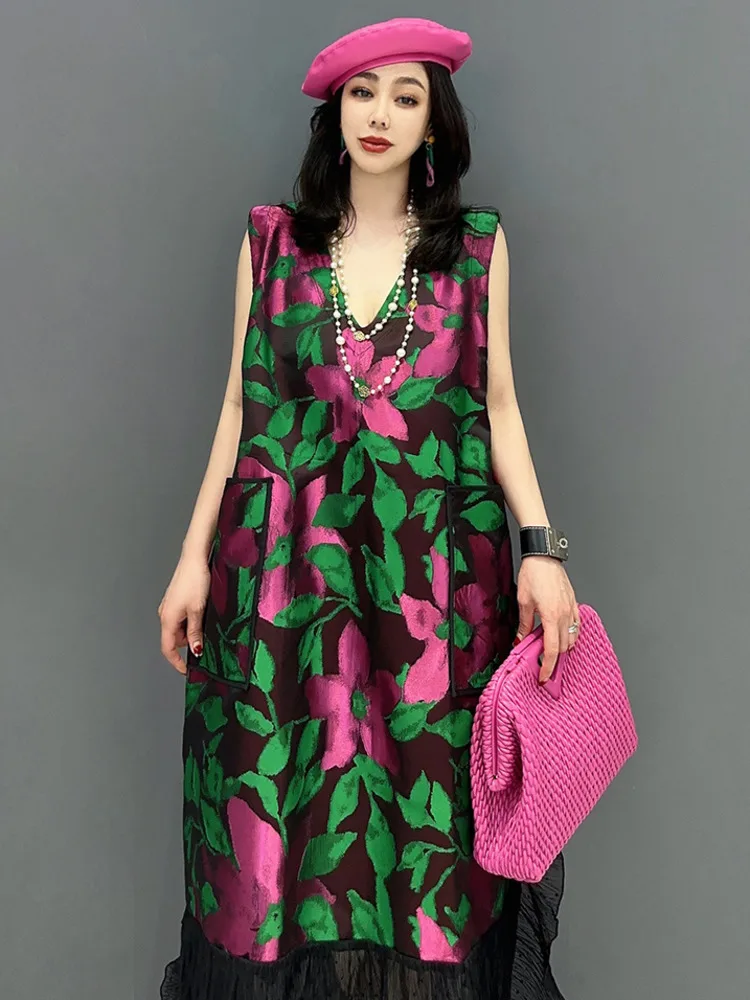 SHENGPALAE Fashion V-neck Sleeveless Tank Dress 2024 Autumn Vintage Elegant Print Flower Trendy Loose Women Vestido Robe 5R2189