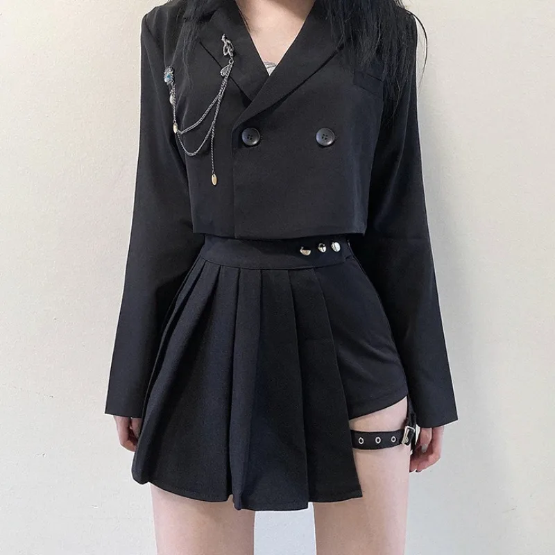 2023 Woman Punk Chain Black Short Jacket Fashion New Casual Pants Skirt Two-piece Set Spring Fall Solid Jackets Outerwear