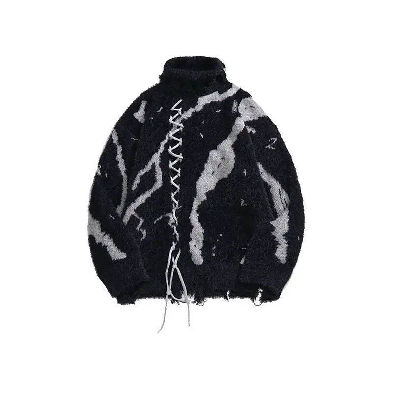 Unsiex Knitting Sweater 2025 New Unique Drawstring Sweater Man Women Oversize Dark Style High Street Hip Hop Edgy Knitwear