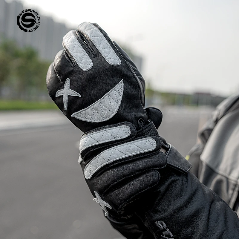 SFK Goat Leather Retro Motorcycle Gloves Fashion Outdoor Breathable Cycling Gloves Full Finger Non-slip Motocross Riding Gloves