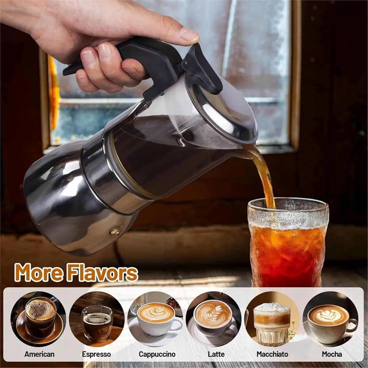 

Кофеварка AB09 Moka Pot на 4 чашки, прозрачная, из утолщенной нержавеющей стали 304, для приготовления эспрессо на плите, итальянская кофемашина, 200 мл (6,8 унции)