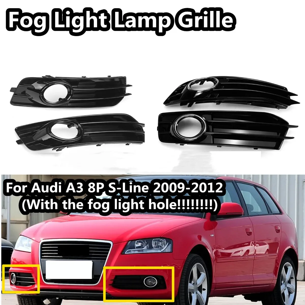 

RM-CAR Chrome/Glossy Front Bumper Lower Fog Light Grill Grille For Audi A3 8P S-Line 2009-2012 8P0807682 8P0807681 Front Grille