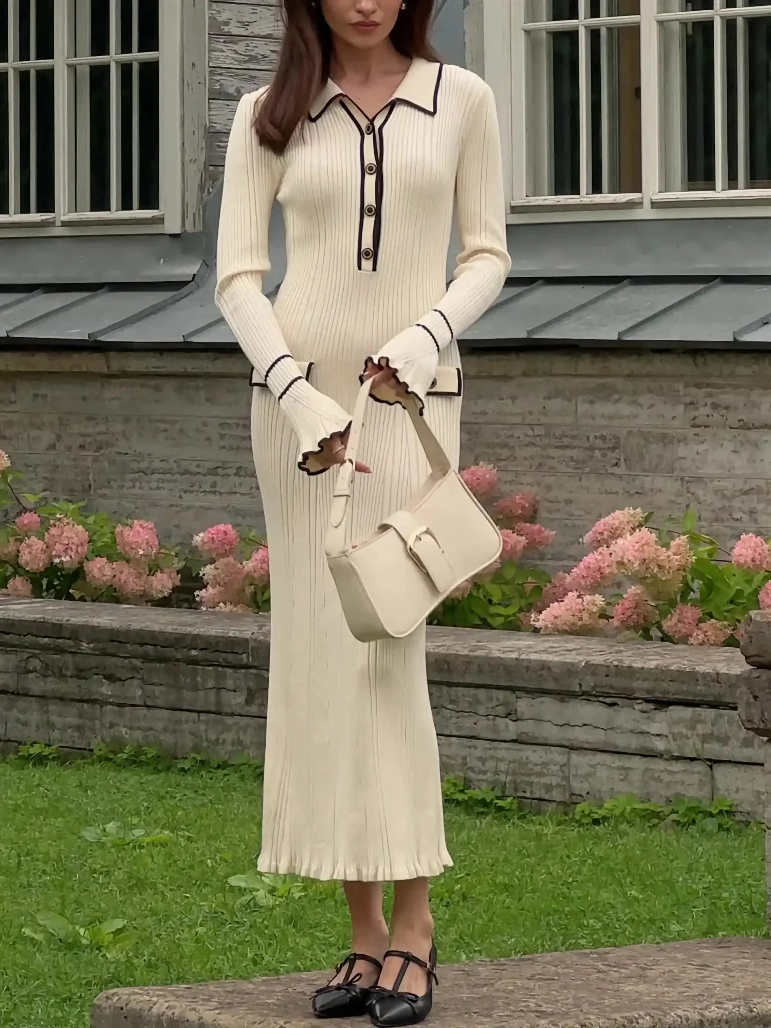 Bodycon Long Sleeve Ribbed Dress - Vestido midi de punto acanalado, elegante,