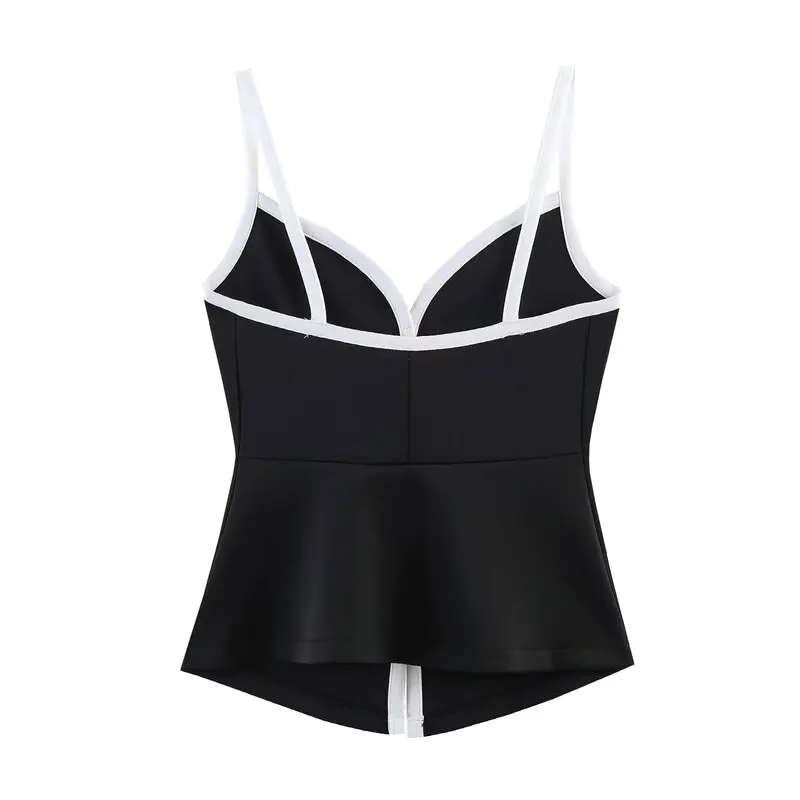 Summer 2026 Women's V-Neck Color Block Crop Top with Button Detail Fashionable Versatile Strap Design Single Button Closure