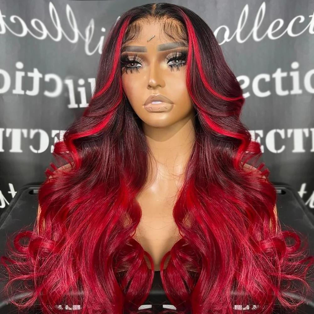 

Glueless Ombre Red/99J Lace Front Wigs Synthetic 13x4 Body Wave Highlight Colored Bule Lace Front Wigs for Women Cosplay Wigs