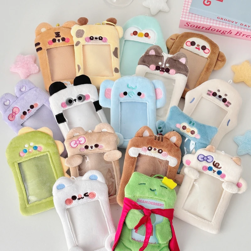 New Arrival Cartoon Animal Plush Keychain with 3 Inch Card Photo Cute Animal Series Card Holder Keyring for Student Bag Pendant