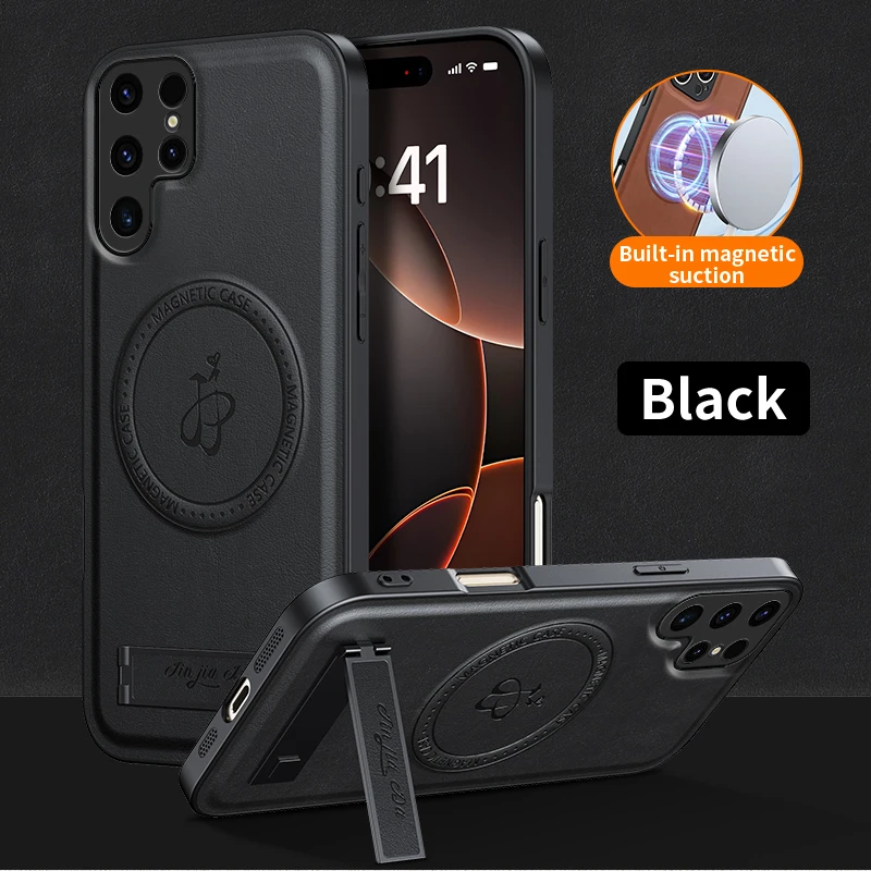 Wireless Charging For Samsung Galaxy S22 S25 S24 FE S23 S21 Plus S26 Ultra Leather Magnetic Cases Soft Cover Phone Case Holder