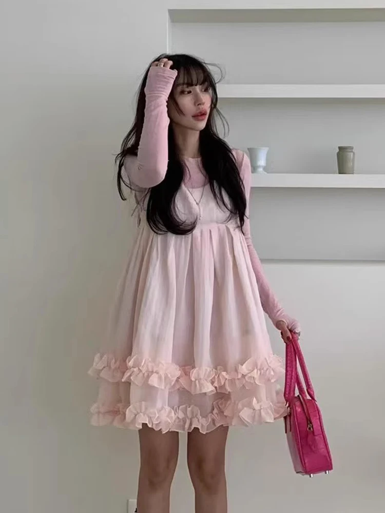 Vestido f de verão Liangliang com alças de madeira de camada dupla, estilo coreano, cintura alta, saia curta soltinha ...