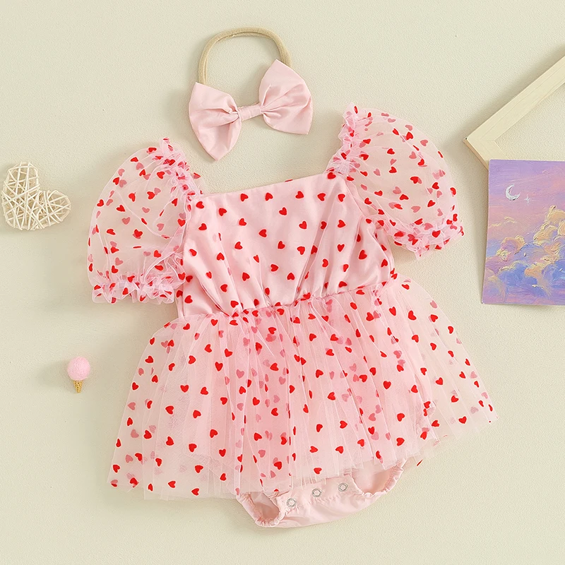 2Pcs Newborn Girl Romper Dress Valentine\'s Day Outfit Short Puff Sleeve Heart Print A-line Rompers with Bowknot Headband Clothes