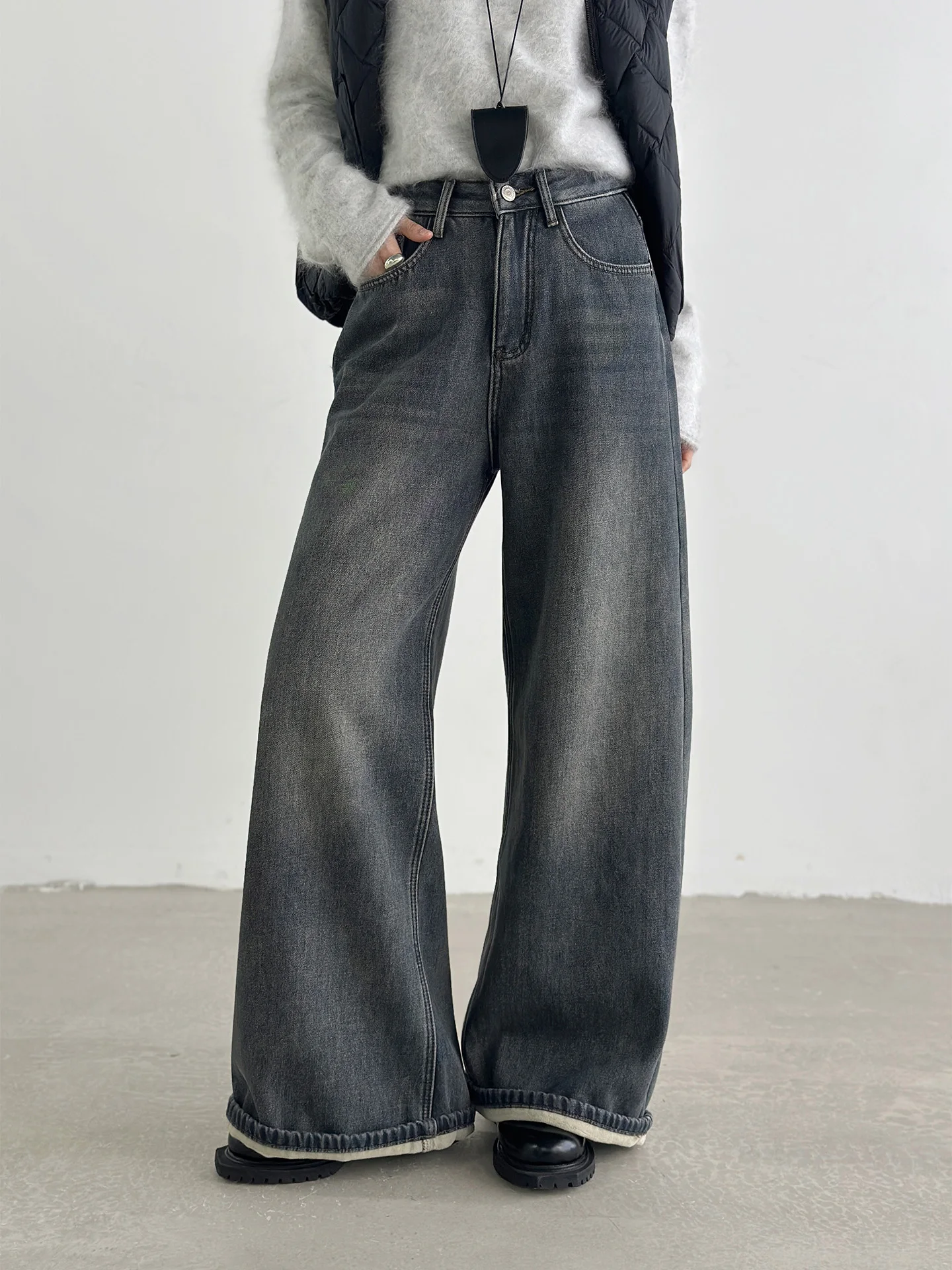 

Winter High Waist Straight Leg Cotton Denim Pants Women's Casual Comfortable Warm Grey Cuffed Fleece Lined Jeans by Timingzhou