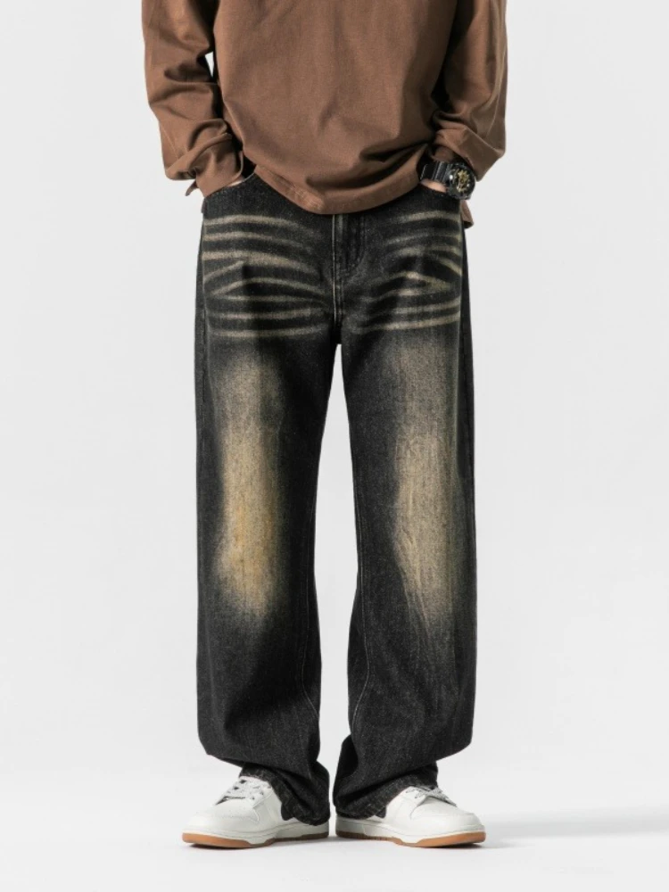 

Personalized Men's Autumn Jeans Fashion Nostalgic Straight Casual Trousers Cat Whisked Loose Vintage Denim Pants