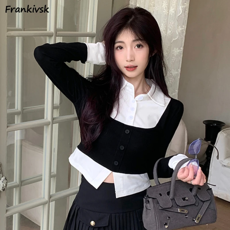 

Long Sleeve Shirts Women Ulzzang Gentle Panelled Tops Aesthetic Preppy Style Soft Girls Daily Fake Two Pieces Camisas De Mujer