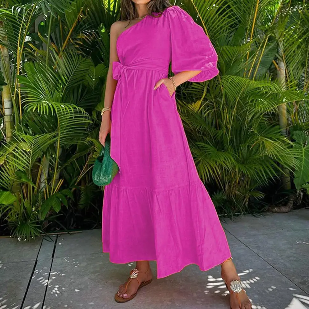 

Loose Cut Dress Women Linen Dress Chic One-shoulder Maxi Dresses with Puff Sleeves High Waists Ruffle Stitching for Spring