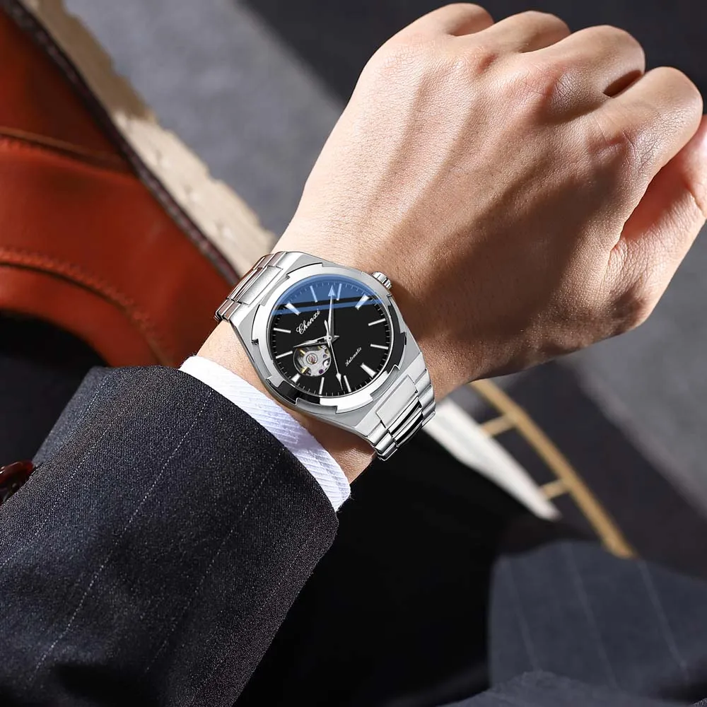 Oryginalne markowe zegarki mechaniczne CHENXI dla mężczyzn Moda Klasyczny pasek ze stali nierdzewnej Wodoodporny świecący automatyczny męski zegarek