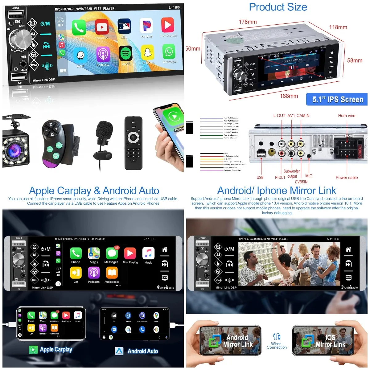 

5.1' Touch Screen Car Radio with Apple CarPlay, Android Auto, Bluetooth, FM, Backup Camera & Fast Charging