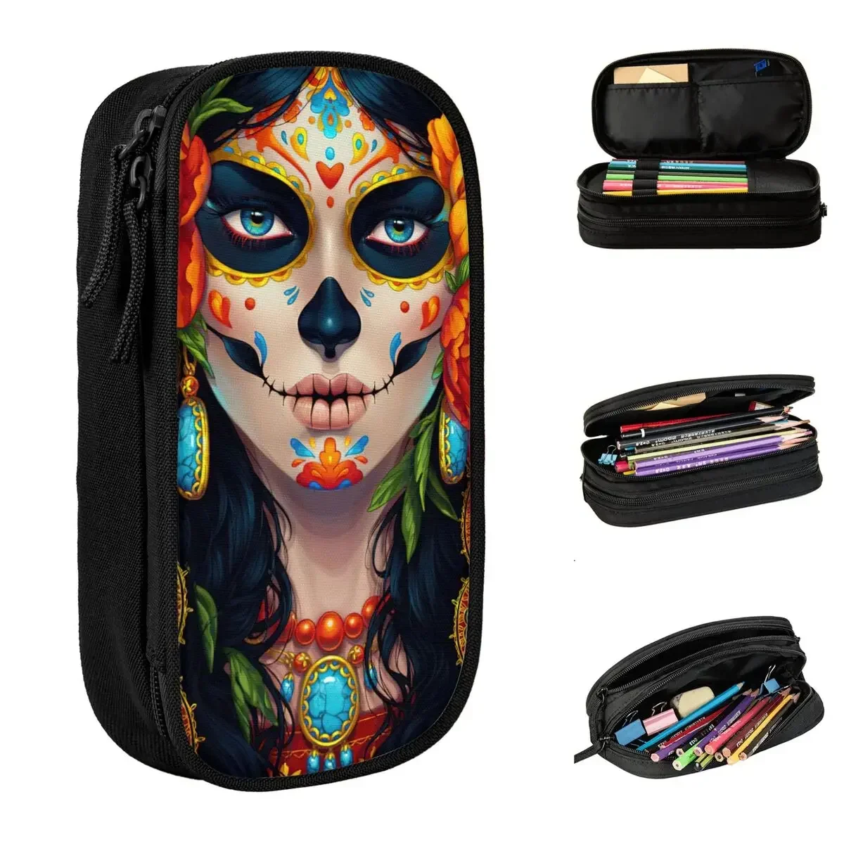 Estuche para lápices de Halloween con calavera de azúcar, estuches para lápices Muerte, portalápices para niñas y niños, bolsa grande, papelería escolar con cremallera para estudiantes