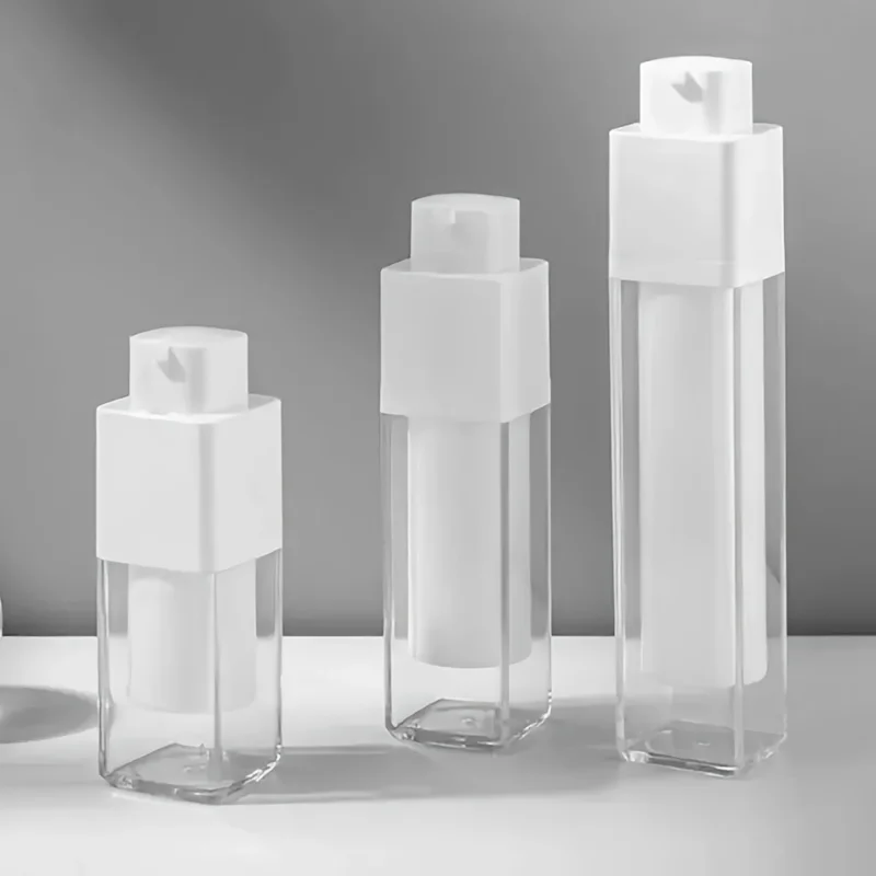 3 Pack Empty Pump Press Bottle 0.51/1.01/1.69oz Refillable Makeup Water Bottle Portable Travel Cream Bottle Square Design