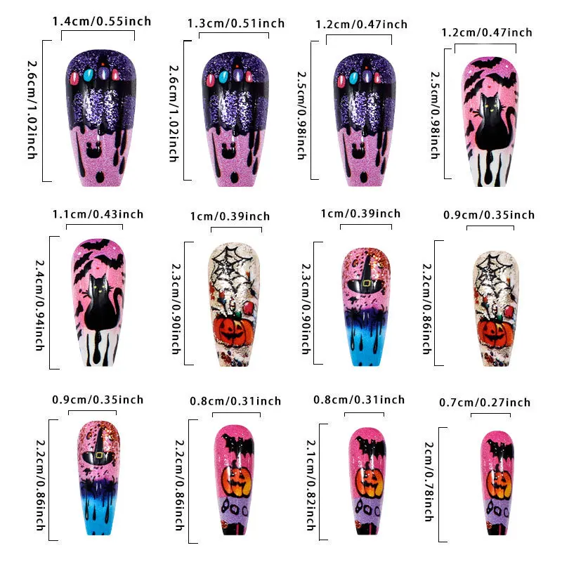24 Uds. De uñas postizas con diseño de fantasma y lentejuelas doradas, uñas postizas para Halloween, ataúd de Ballet largo europeo, prensa usable en las uñas