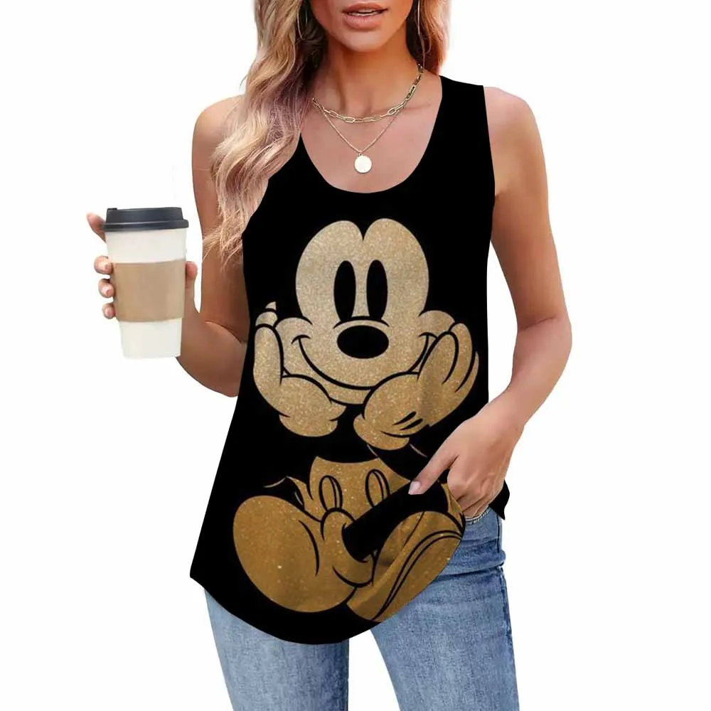 

Summer Vest Top Sleeveless O Neck Women Camisole Minnie Mickey Mouse Print Black White T-shirt Slim Tank Top Casual Tank Top ﻿
