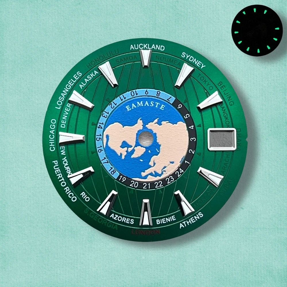 28.5mm S Logo World Map Dial Fit NH35/NH36/4R/7S Japanese Automatic Movement Green Luminous Watch Modification Accessories
