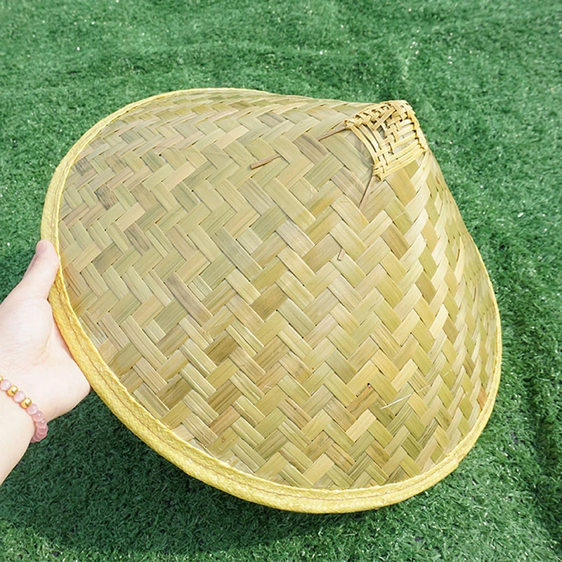 Bamboo Woven Green Conical Hat Chinese Retro Bamboo Rattan Fisherman Hat Handmade Weave Straw Bucket Hat Cone Sunshade Hat