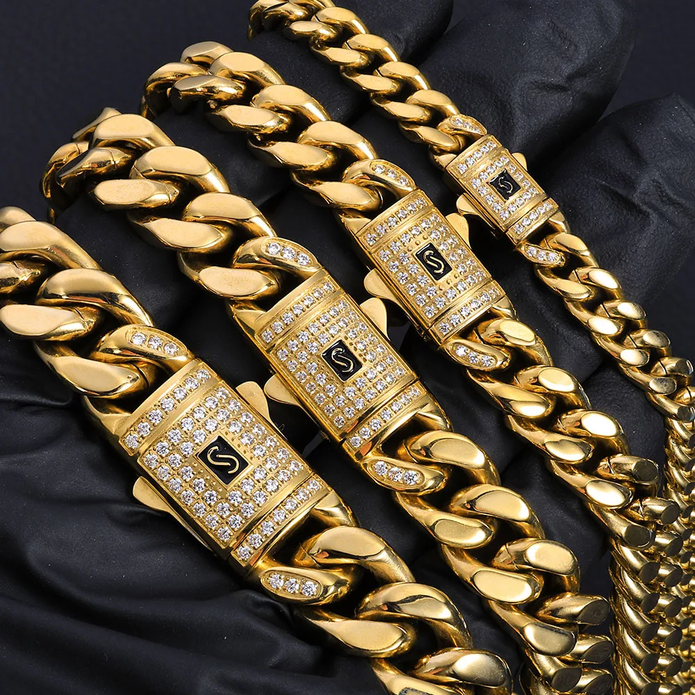 

Hip Hop Bling Iced Out 100% Stainless Steel Cuban Miami Chains Necklaces Link Chain for Men Rapper Jewelry Gold Color