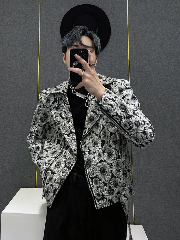 High-End Short Jackets Men's Lapel 2024 Spring Fashion Printing Casual Handsome Zipper Decorations Trendy Male Long Sleeve Coat