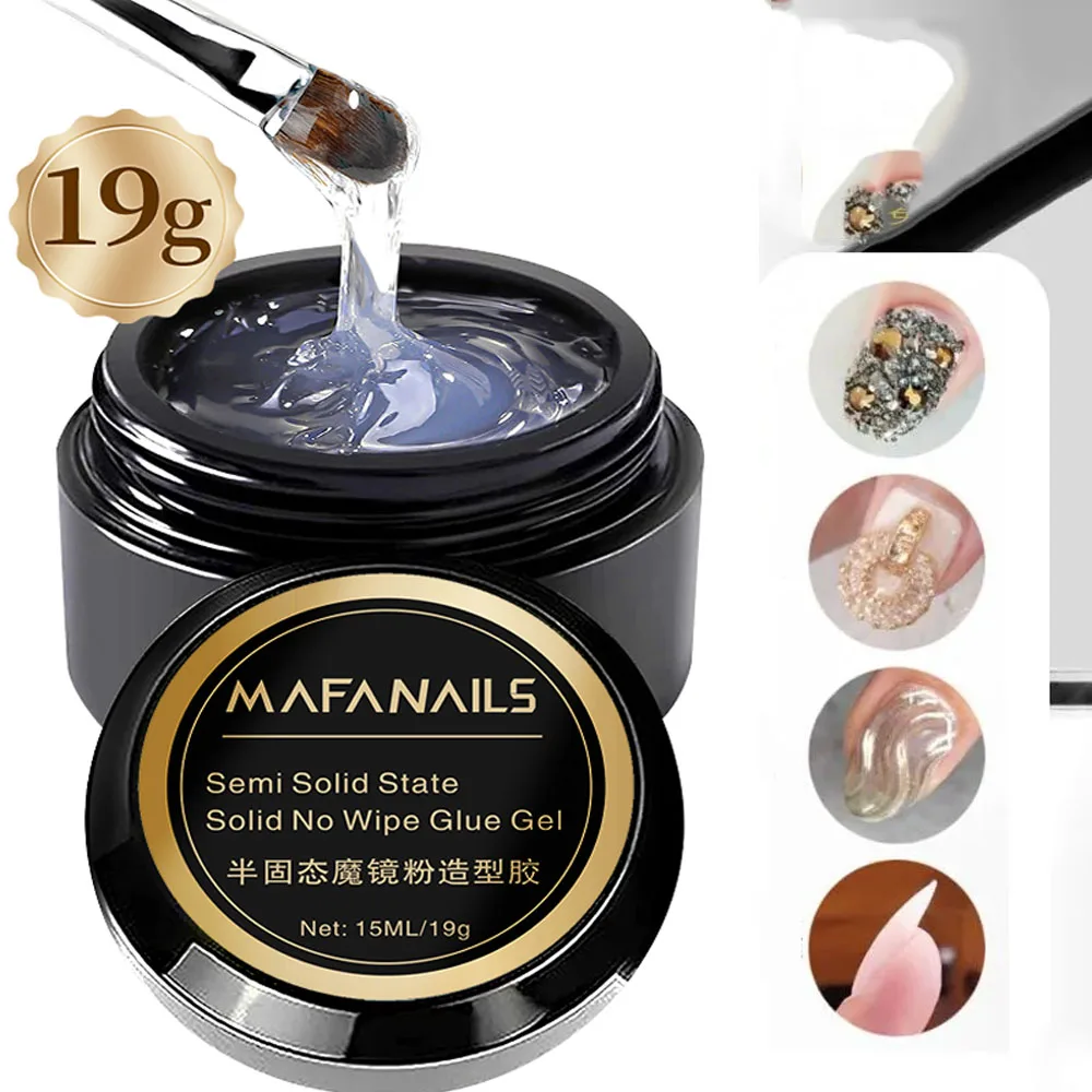 19g Strong Nail Glue No-Wipe Semi-Solid Rhinestone Gem CharmsAdhesive Gel 3 in1 Sculpting & Chrome Powder Model Gel UV Soak Off