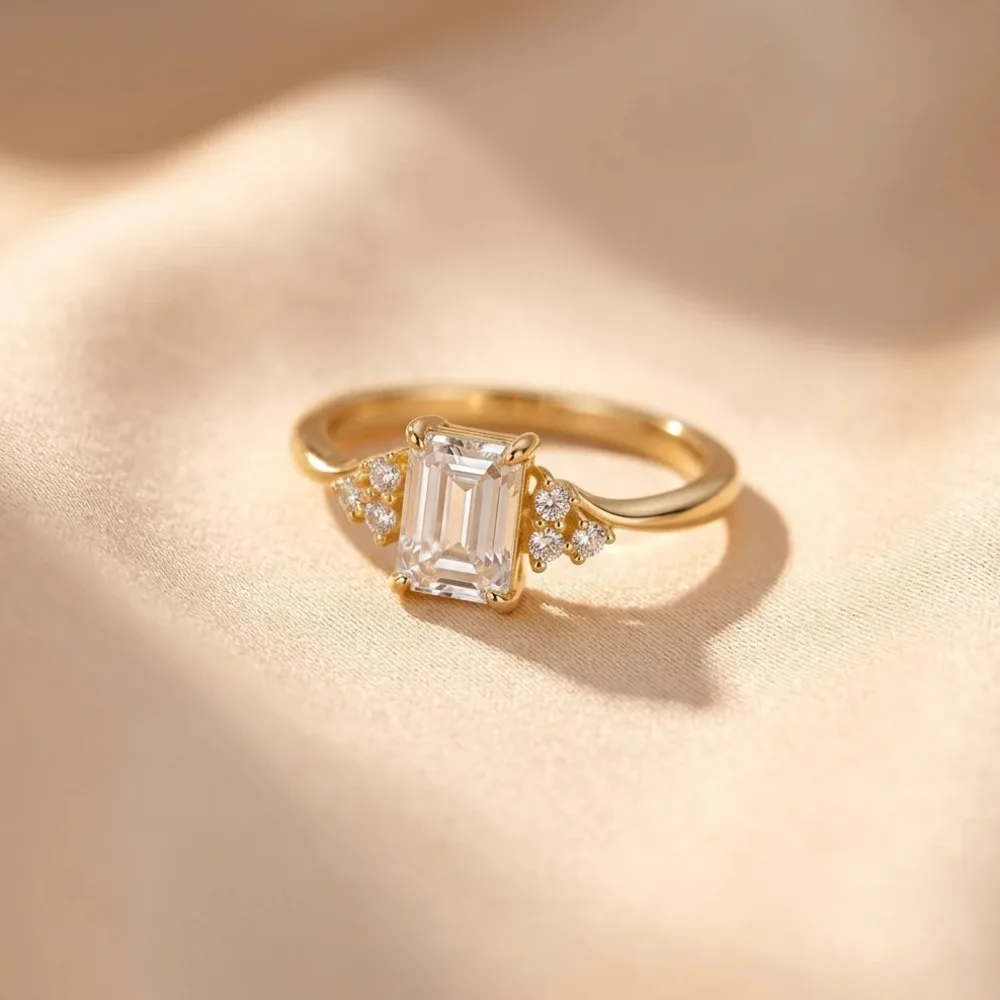 925 Sterling Silver Emerald Cut Side Cluster Moissanite Ring D VVS1 Solitaire Bridal Engagement Fine Jewelry For Women