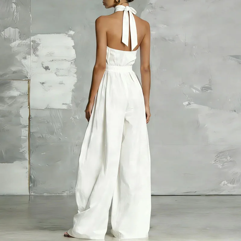 Sexy Lace-up Halter Hollow Women's Jumpsuits New Spring Solid High Waist Romper Summer Sleeveless Pocket Wide Leg Pants Overalls